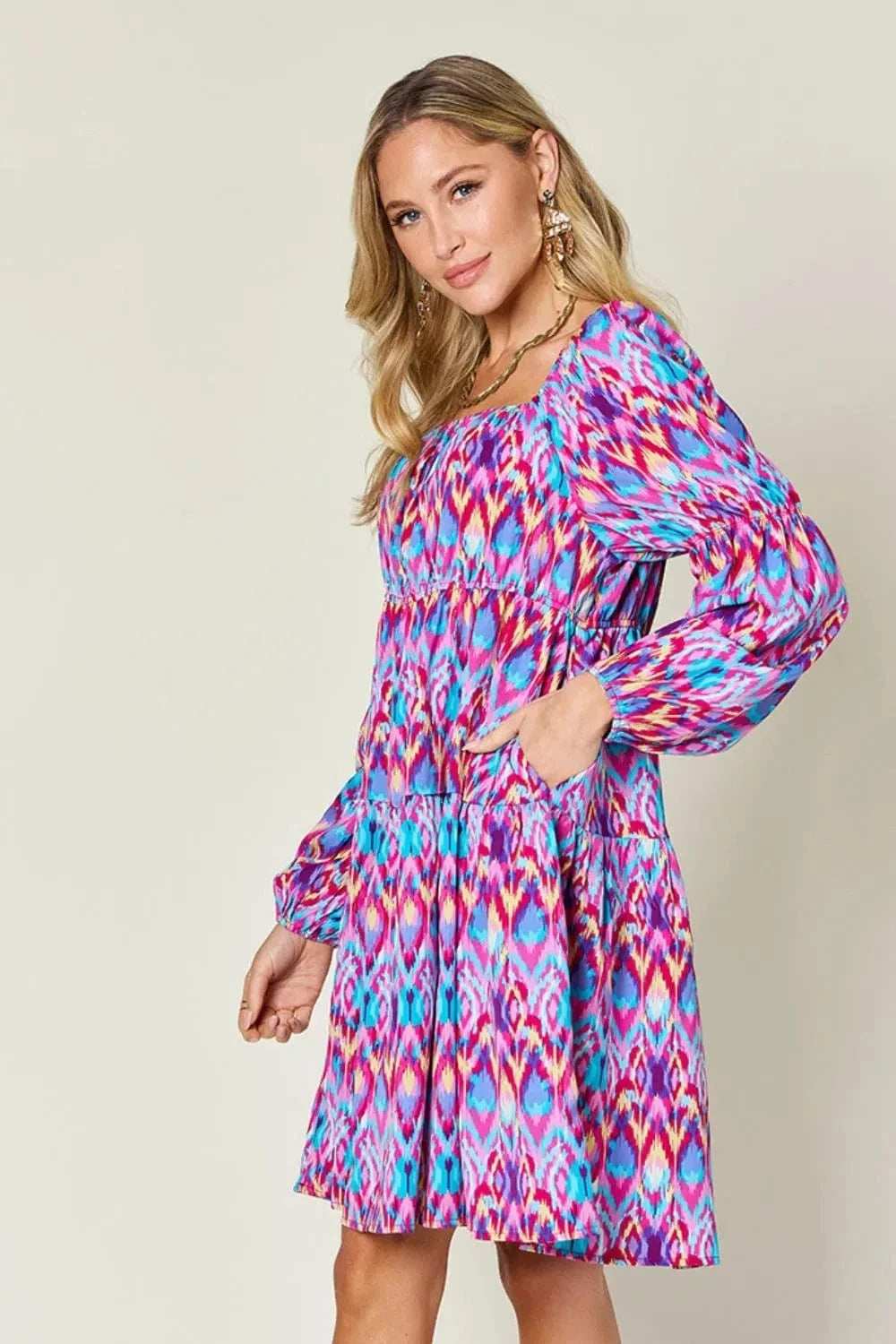 Double Take Full Size Printed Long Sleeve Dress - Trendsi - Flyclothing LLC
