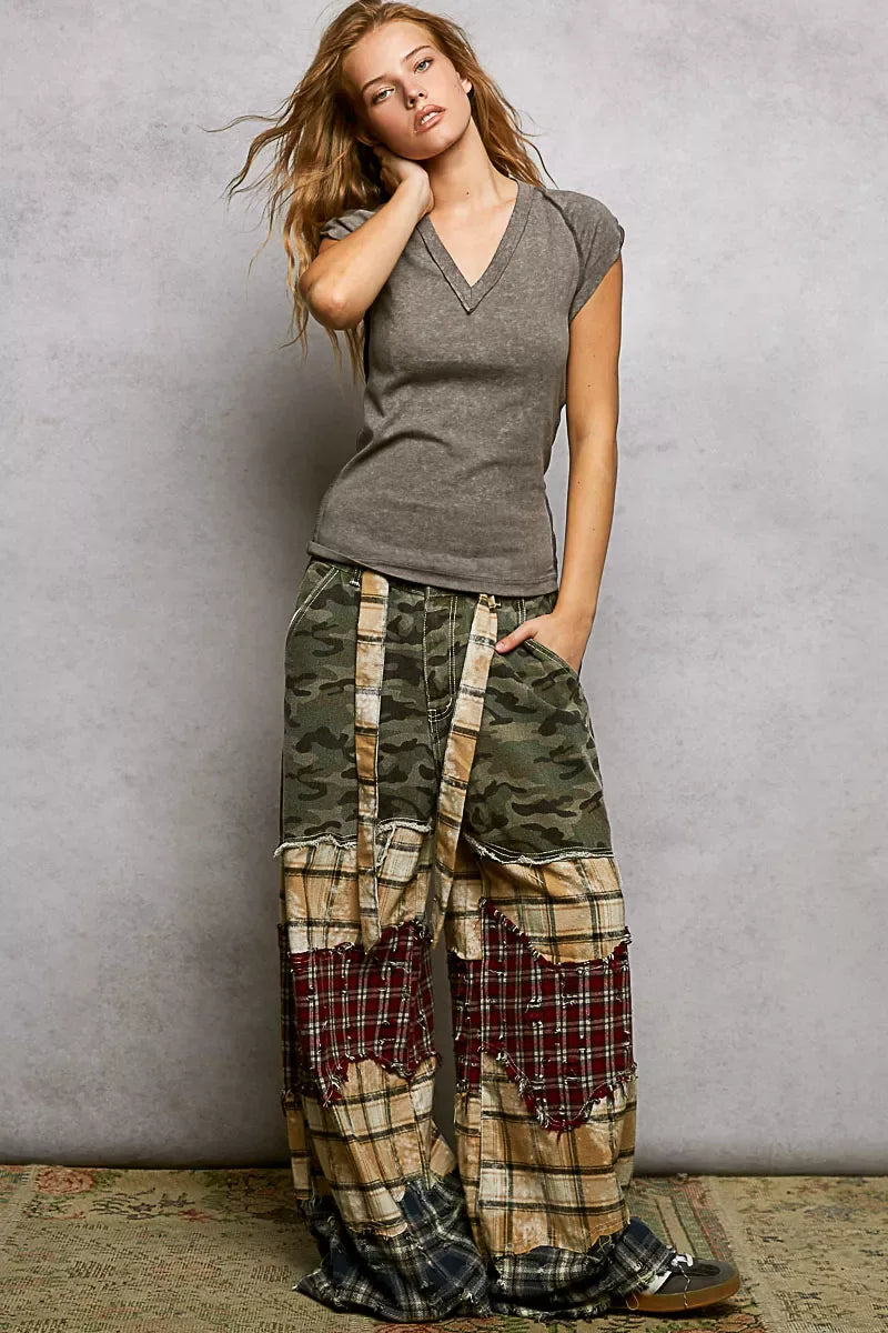 POL V-Neck Short Sleeve Washed T-Shirt with Outseam - Trendsi - Flyclothing LLC