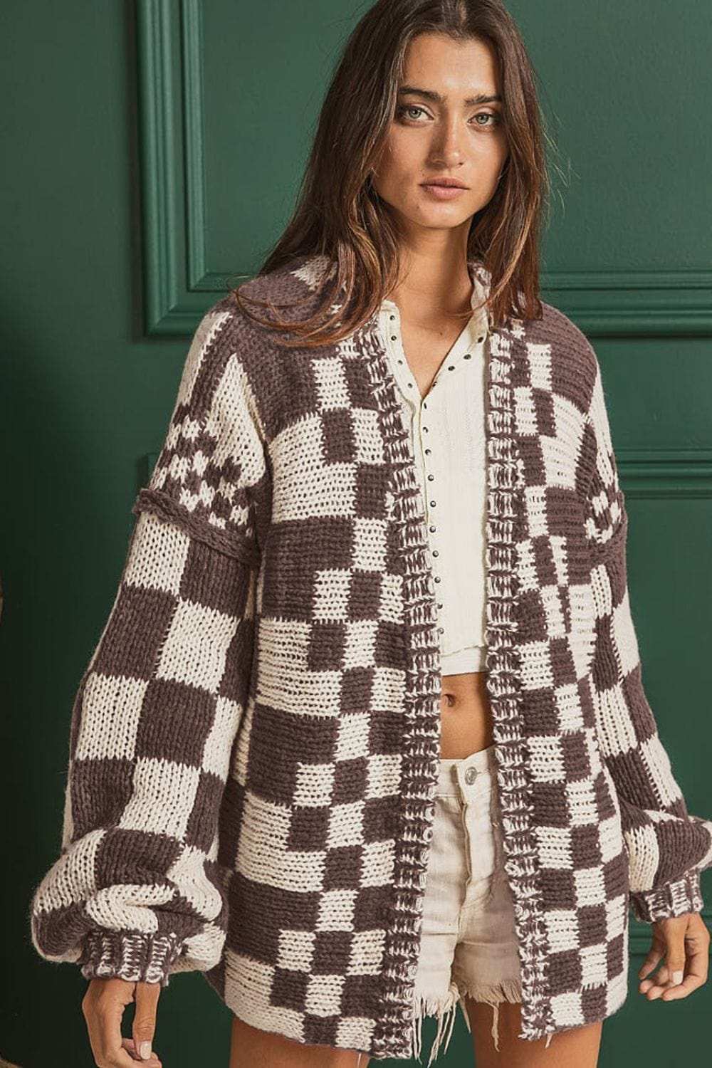 Checkered Open Front Long Sleeve Cardigan - Trendsi - Flyclothing LLC