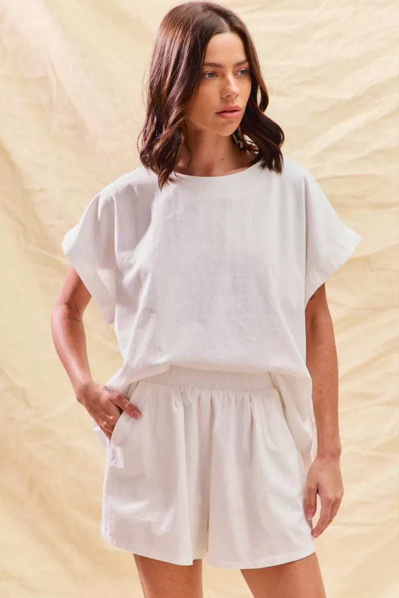 SO ME Round Neck Short Sleeve Top and Shorts Set - Trendsi - Flyclothing LLC