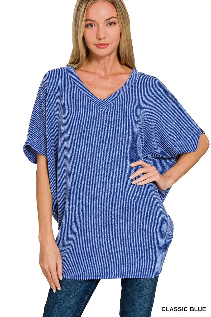 Zenana Raised Rib V-Neck Batwing Top - Trendsi - Flyclothing LLC