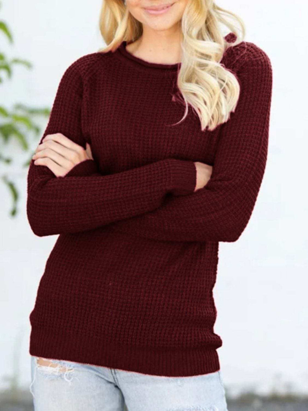 Round Neck Raglan Sleeve Sweater - Trendsi - Flyclothing LLC