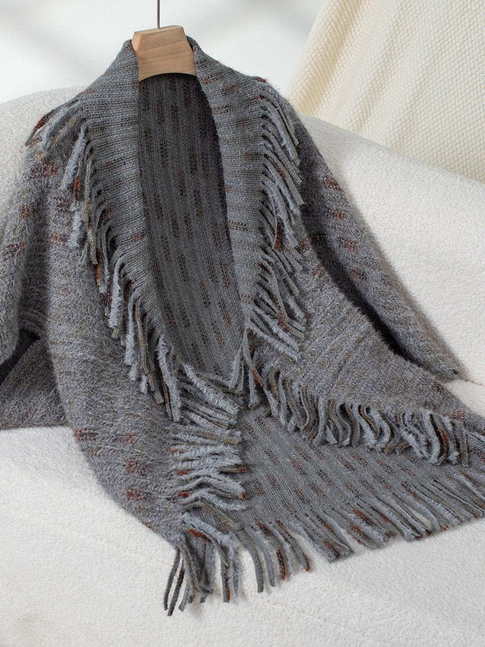 Fringe Open Front Half Sleeve Poncho - Trendsi - Flyclothing LLC