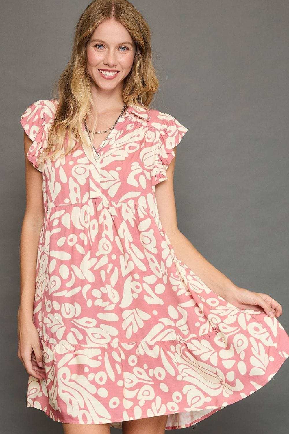 Umgee Full Size Two Tone Printed Ruffled Cap Sleeve Mini Dress Plus Size - Trendsi - Flyclothing LLC