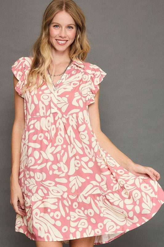 Umgee Full Size Two Tone Printed Ruffled Cap Sleeve Mini Dress Plus Size - Trendsi - Flyclothing LLC