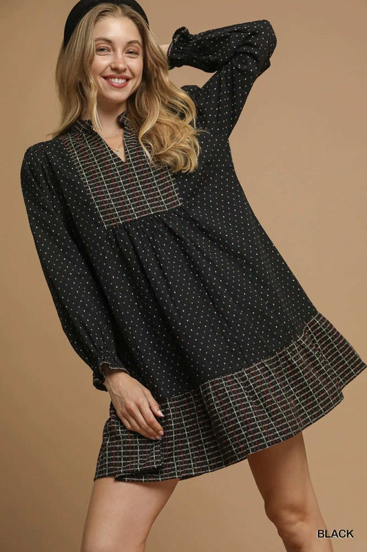 Umgee Polka Dot Plaid Trim Babydoll Dress - Trendsi - Flyclothing LLC