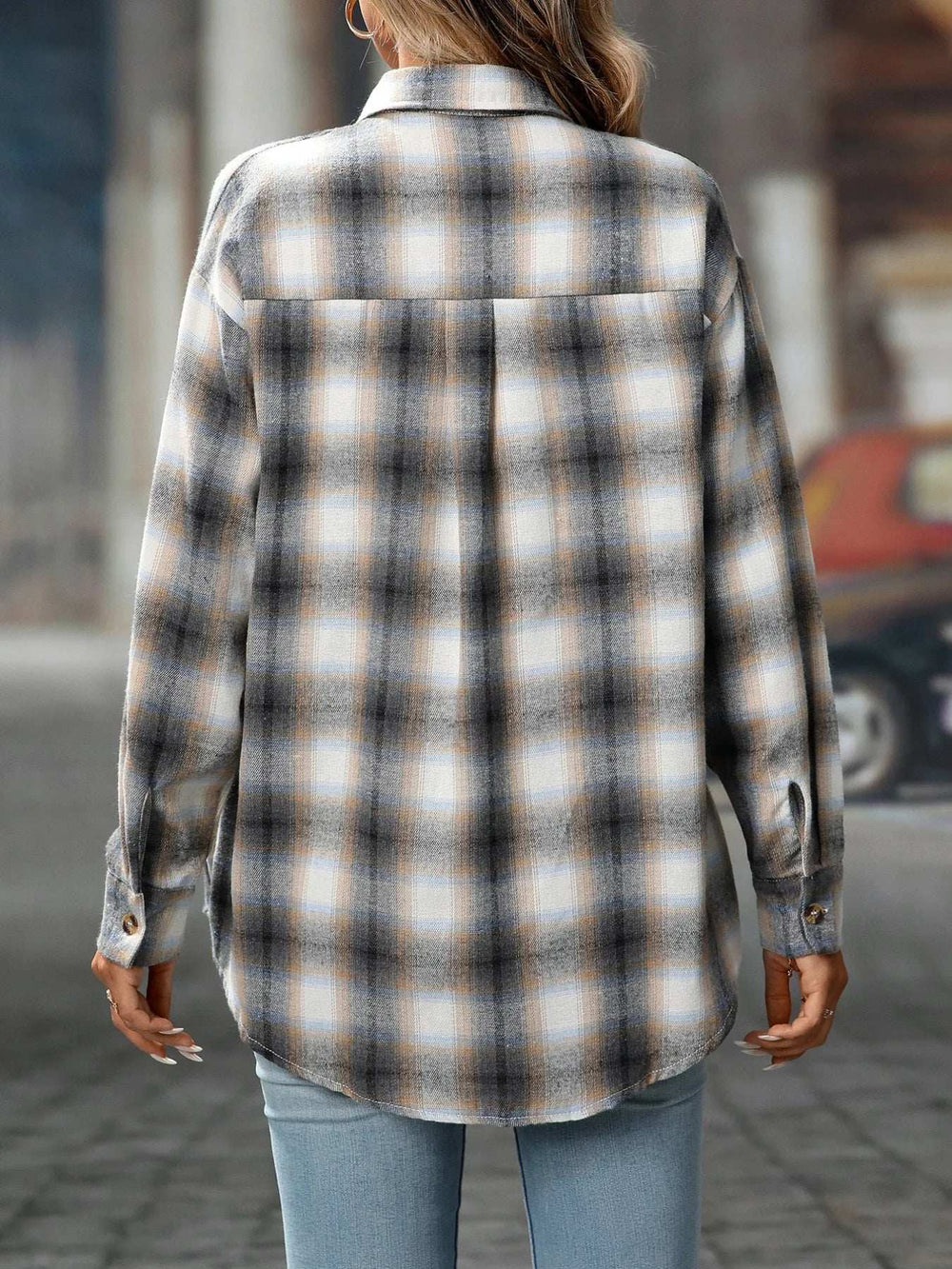 Oversized Plaid Button-Up Shirt - Trendsi - Flyclothing LLC