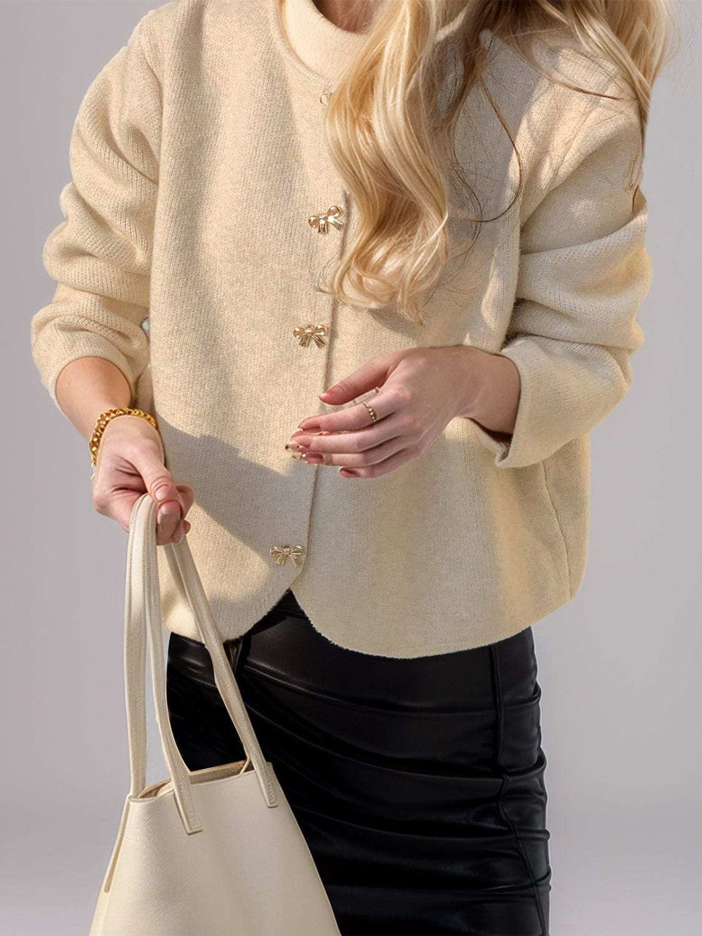 Bow Button Down Round Neck Long Sleeve Cardigan - Trendsi - Flyclothing LLC