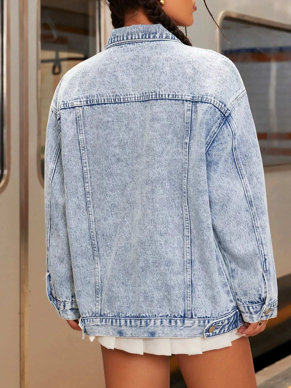 Distressed Wash Button Up Denim Jacket - Trendsi - Flyclothing LLC