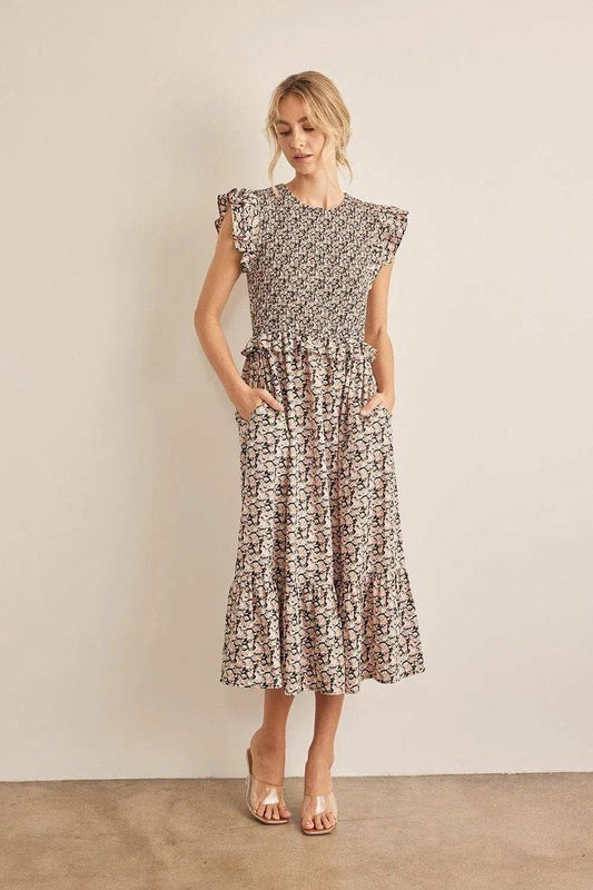 In February Floral Smocked Ruffled Midi Dress - Trendsi - Flyclothing LLC