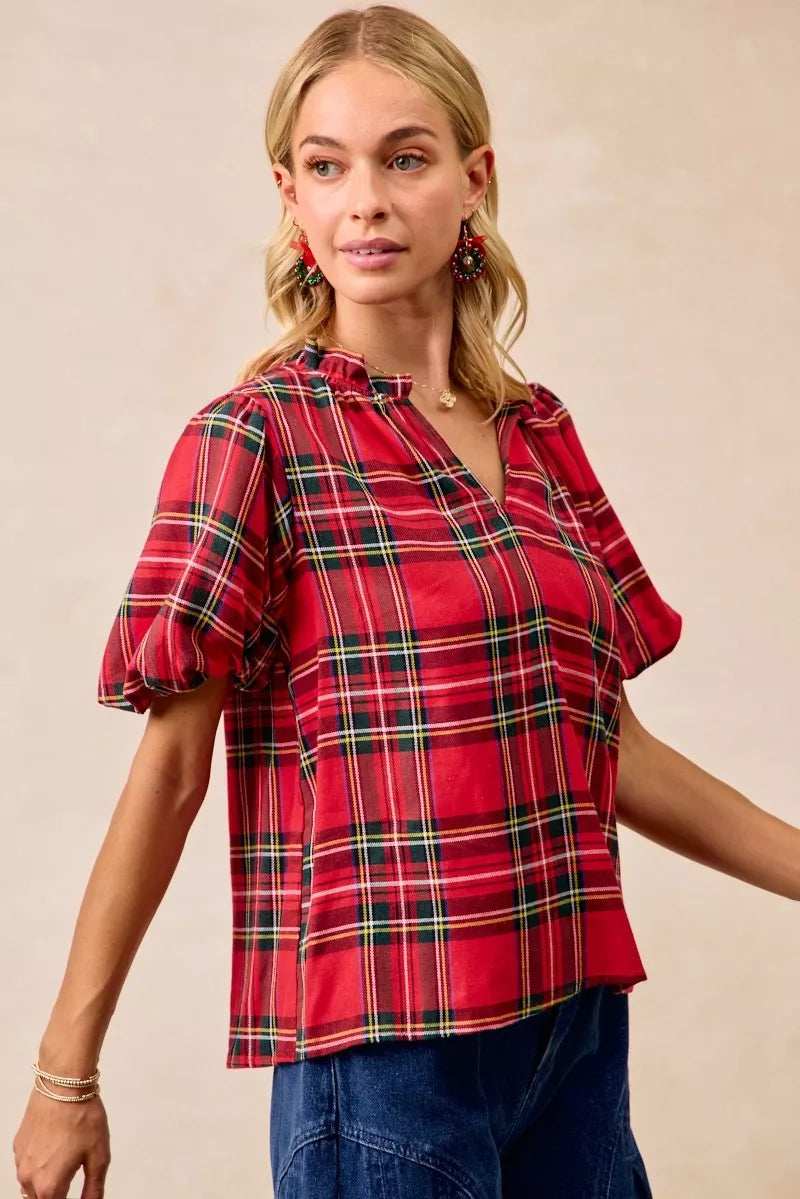 BiBi Christmas Plaid Short Sleeves Ruffled Blouse - Trendsi - Flyclothing LLC