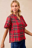 BiBi Christmas Plaid Short Sleeves Ruffled Blouse - Trendsi - Flyclothing LLC