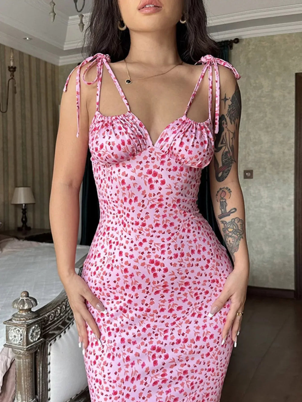Floral Print Tie Strap Bodycon Maxi Dress - Trendsi - Flyclothing LLC