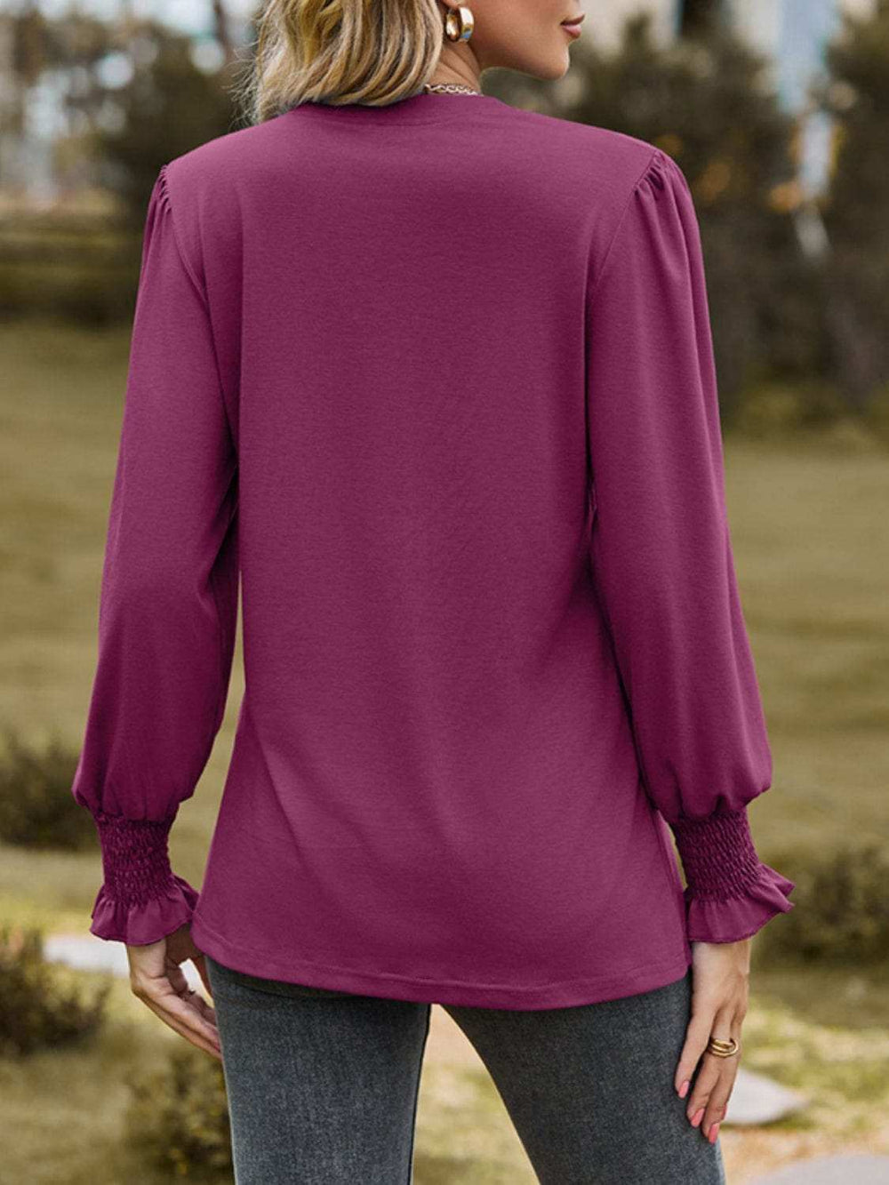 Ruched Notched Long Sleeve T-Shirt - Trendsi - Flyclothing LLC