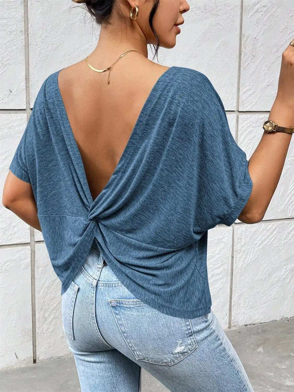 Backless Twisted Round Neck Half Sleeve T-Shirt - Trendsi - Flyclothing LLC