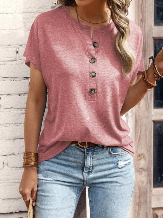 Half Button Short Sleeve Top - Trendsi - Flyclothing LLC