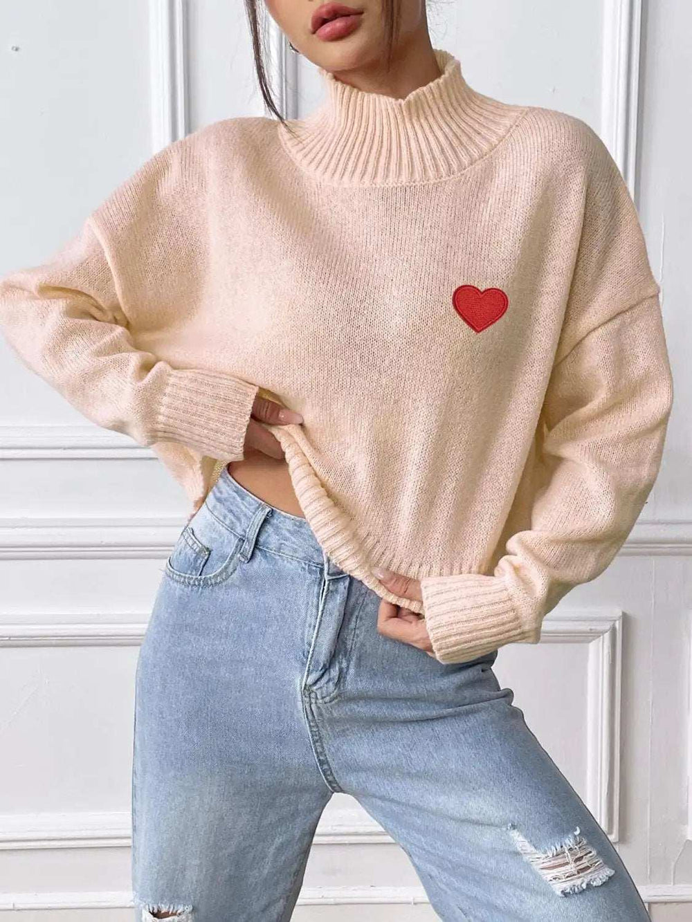 Heart Turtleneck Long Sleeve Sweater - Trendsi - Flyclothing LLC