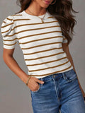 Striped Round Neck Puff Sleeve Knit Top - Trendsi - Flyclothing LLC