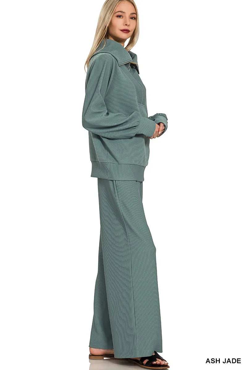 Zenana Ribbed High Neck Half Zip Pullover & Pants Set - Trendsi - Flyclothing LLC