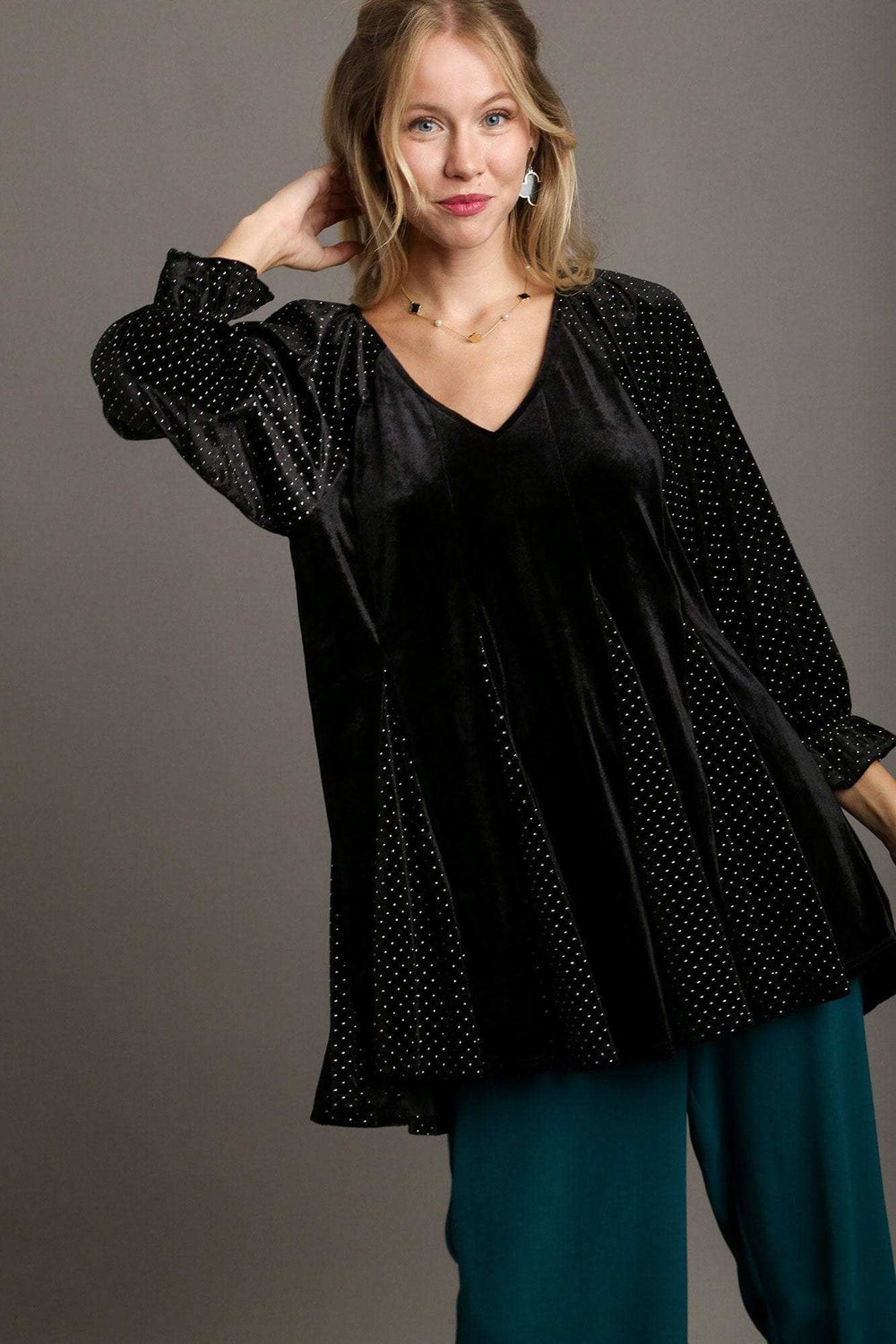 Umgee Godet Hem Polka Dot V-Neck Blouse - Trendsi - Flyclothing LLC