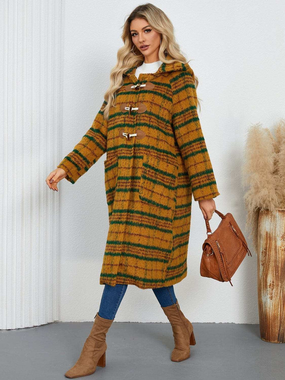 Plaid Long Sleeve Hooded Coat with Pockets - Trendsi - Flyclothing LLC