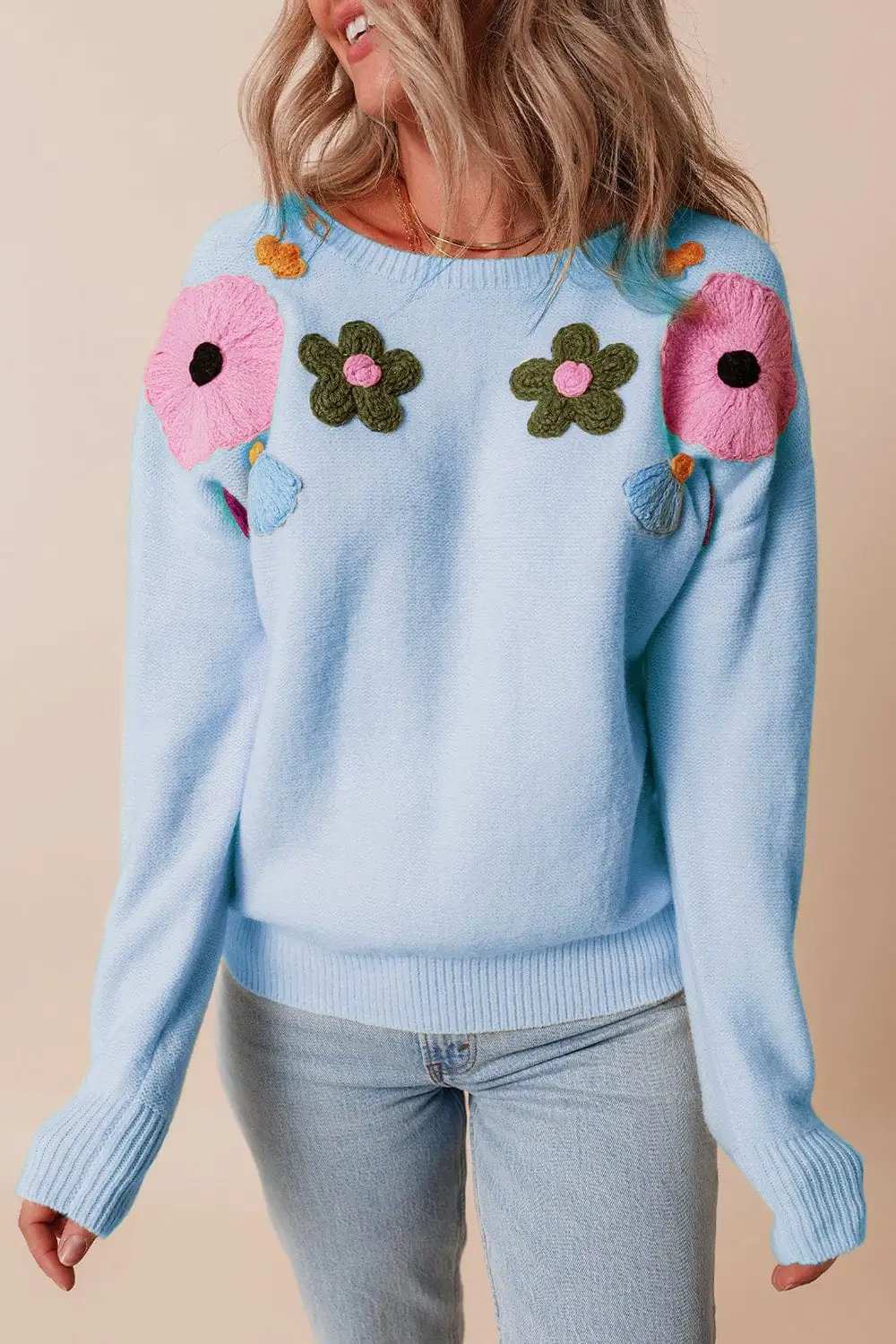 Crochet Flower Round Neck Dropped Shoulder Sweater - Trendsi - Flyclothing LLC