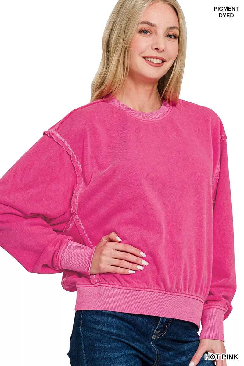 Zenana Soft Fleece Pigment Dye Round Neck Pullover - Trendsi - Flyclothing LLC