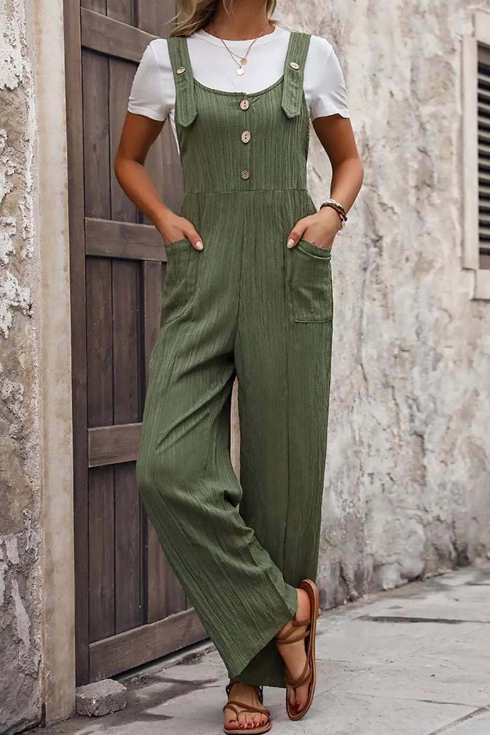 Textured Pocketed Wide Strap Overalls - Trendsi - Flyclothing LLC