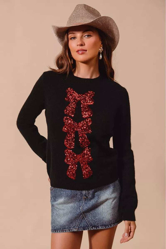 SO ME Sequins Bow Ribbon Embellished Christmas Sweater - Trendsi - Flyclothing LLC