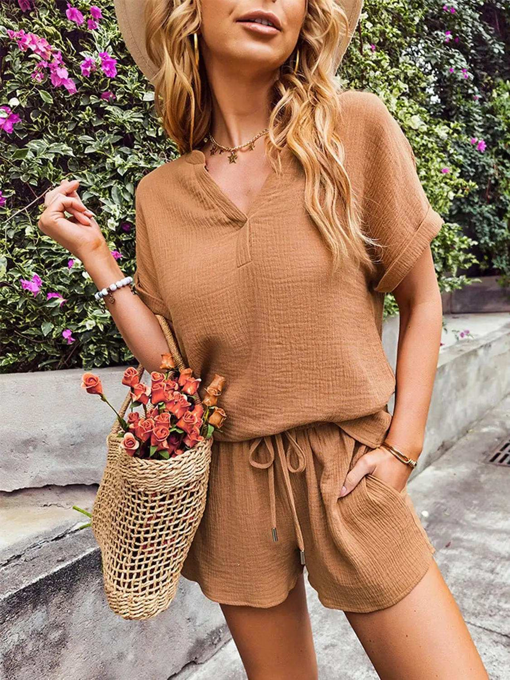 Notched Short Sleeve Top and Shorts Set - Trendsi - Flyclothing LLC