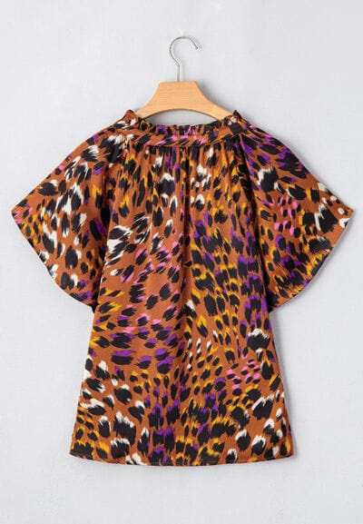 Leopard Notched Short Sleeve Blouse - Trendsi - Flyclothing LLC