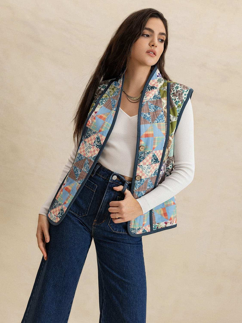 Printed Patchwork Contrast Piping Vest - Trendsi - Flyclothing LLC