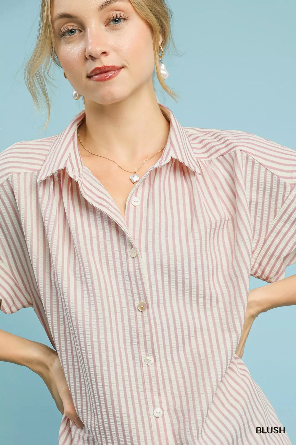 Umgee Striped Button-Down Top with Scallop Sleeves - Trendsi - Flyclothing LLC