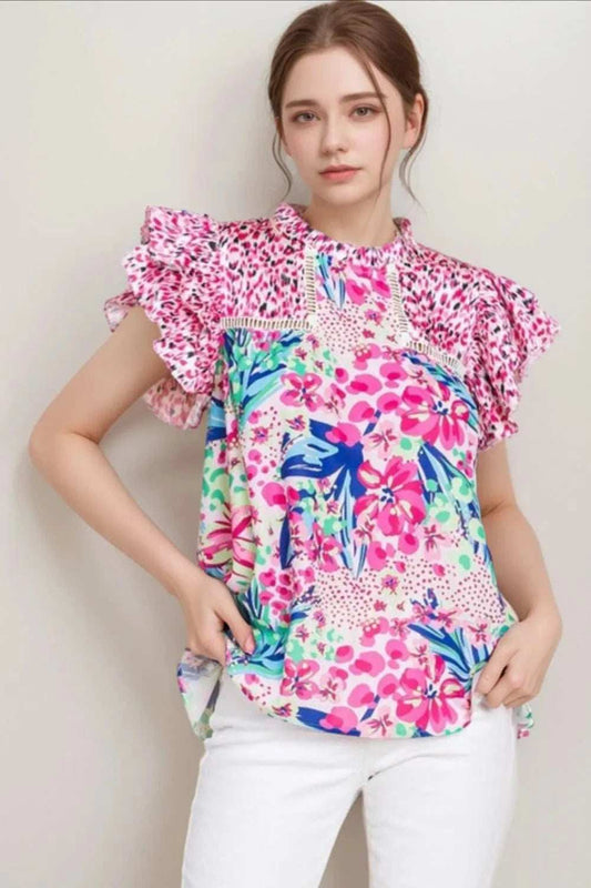 Floral Mixed Print Ruffle Cap Sleeve Blouse - Trendsi - Flyclothing LLC