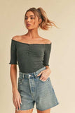 Aemi + Co Ruched Frill Off-Shoulder Half Sleeve Knit Top - Trendsi - Flyclothing LLC