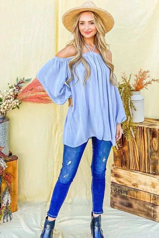 And The Why Stripe Printed Cold Shoulder Halter Neck Top - Trendsi - Flyclothing LLC