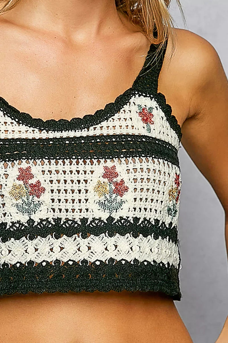 POL Floral Embroidered Cropped Crochet Cami with Scalloped Hem - Trendsi - Flyclothing LLC
