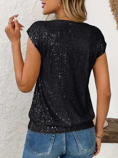 Sequin V-Neck Cap Sleeve Top - Trendsi - Flyclothing LLC