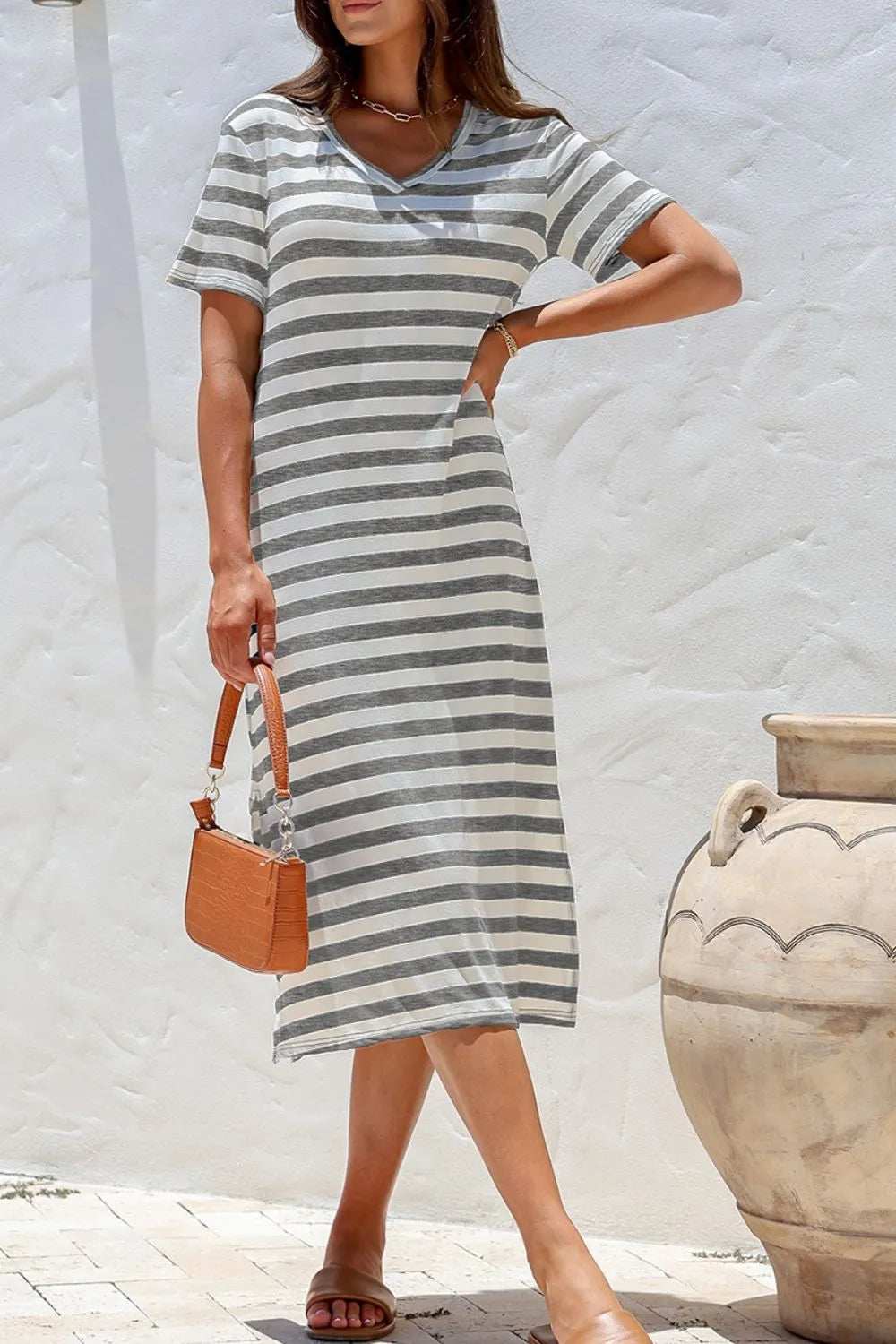 Casual Striped V-Neck Midi T-Shirt Dress - Trendsi - Flyclothing LLC