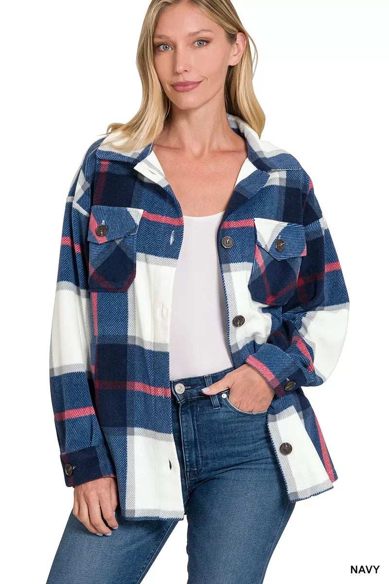 Zenana Oversized Plaid Fleece Shacket - Trendsi - Flyclothing LLC