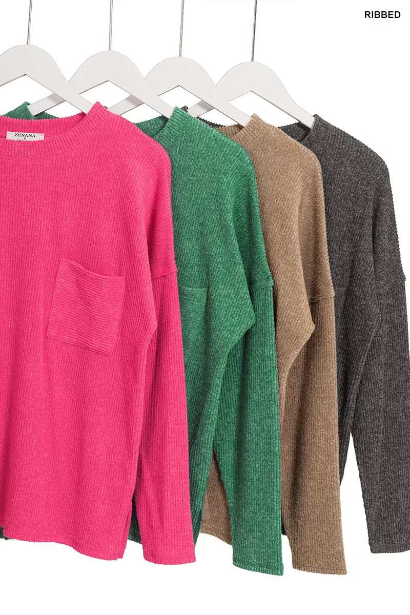 Zenana Ribbed Brushed Melange Hacci Sweater with Chest Pocket - Trendsi - Flyclothing LLC