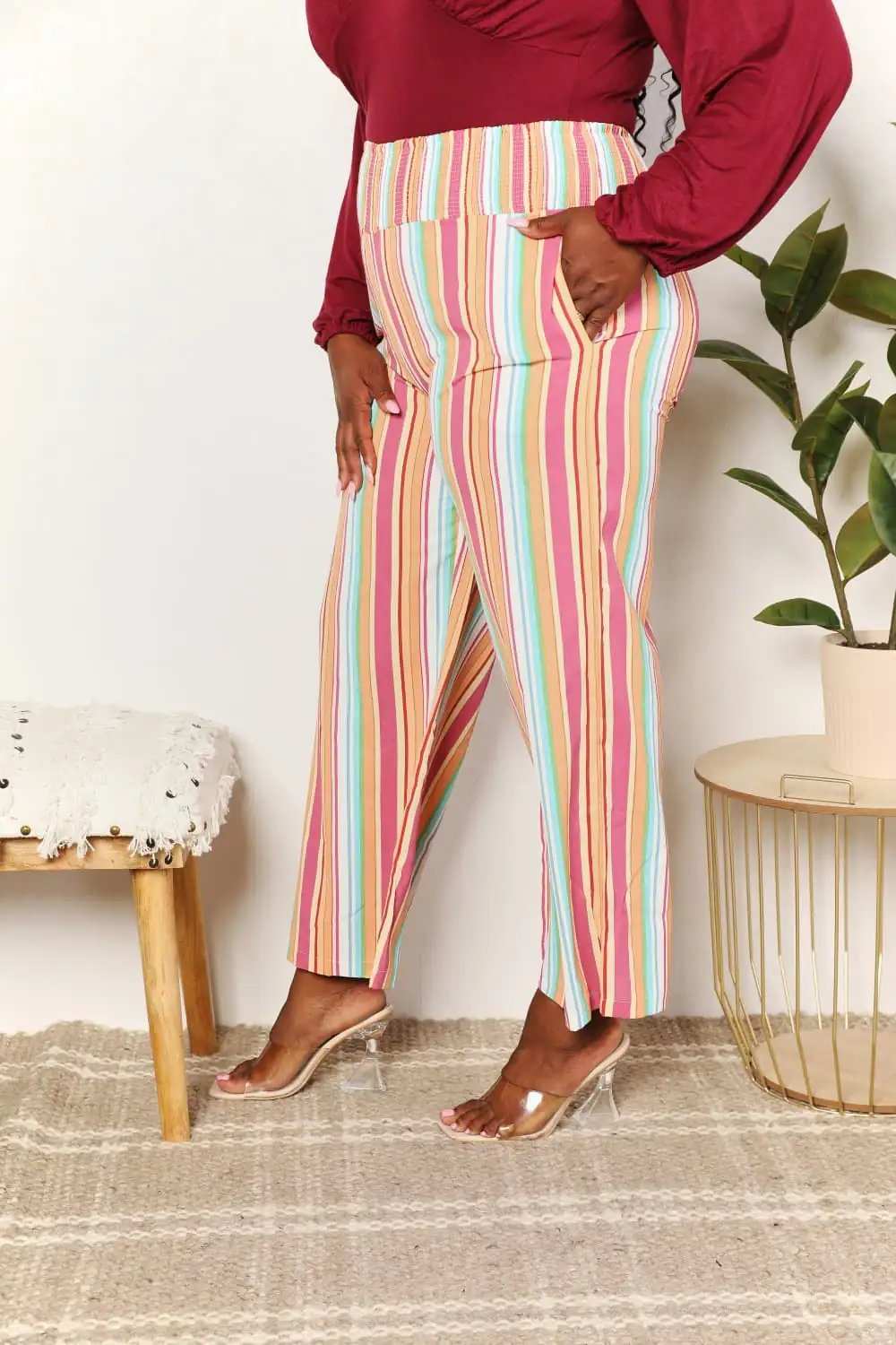 Double Take Striped Smocked Waist Pants with Pockets - Trendsi - Flyclothing LLC