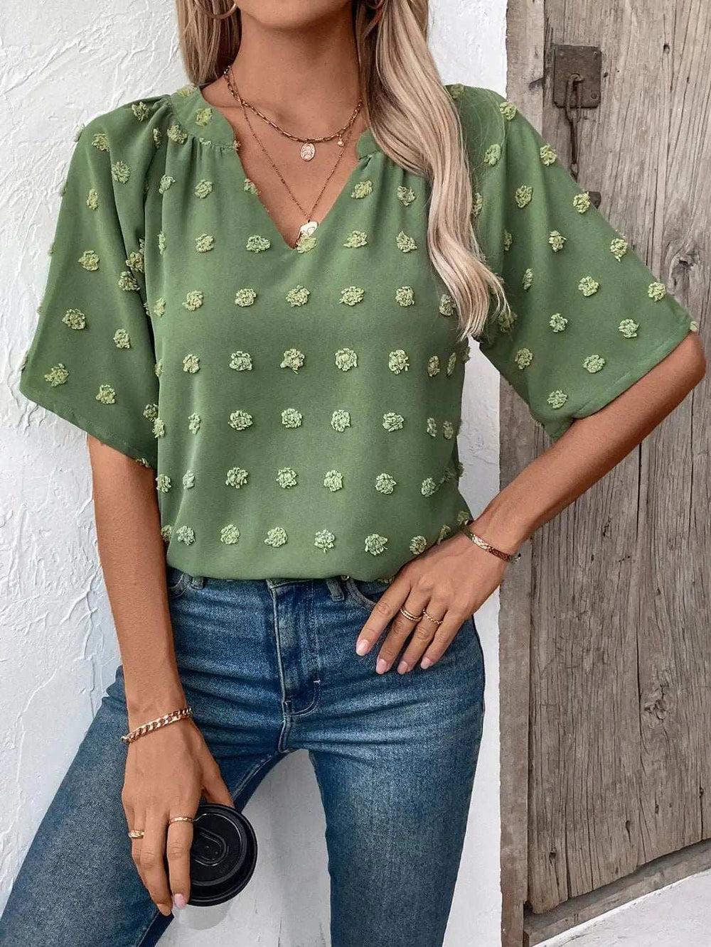 Swiss Dot Notched Half Sleeve Blouse - Trendsi - Flyclothing LLC
