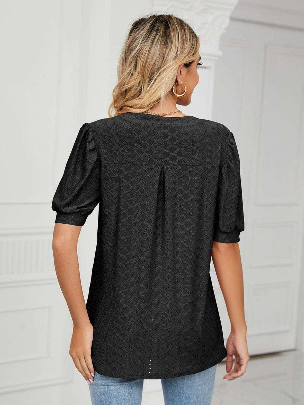 Florira Eyelet Notched Short Sleeve T-Shirt - Trendsi - Flyclothing LLC