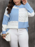 Plus Size Openwork Color Block Long Sleeve Sweater - Trendsi - Flyclothing LLC