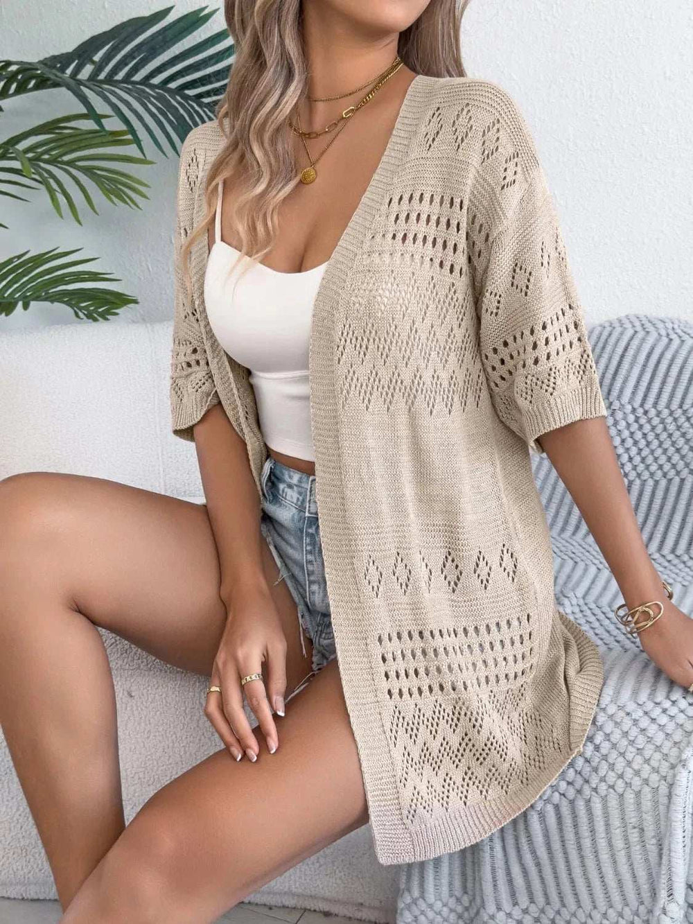 Openwork Open Front Half Sleeve Cardigan - Trendsi - Flyclothing LLC