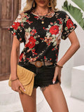 Contrast Round Neck Short Sleeve Blouse - Trendsi - Flyclothing LLC