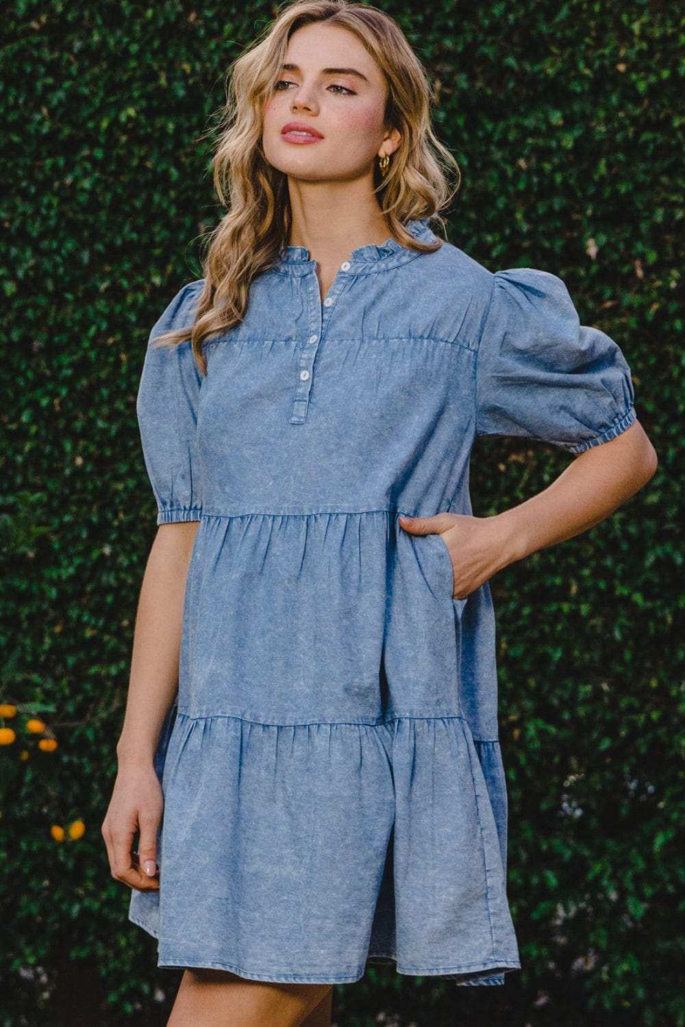 ODDI Washed Tiered Mini Denim Dress - Trendsi - Flyclothing LLC