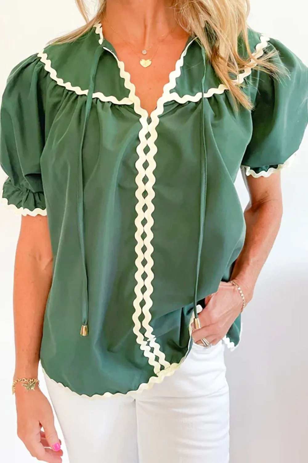 Ric Rac Trim Tie Neck Short Sleeve Blouse - Trendsi - Flyclothing LLC