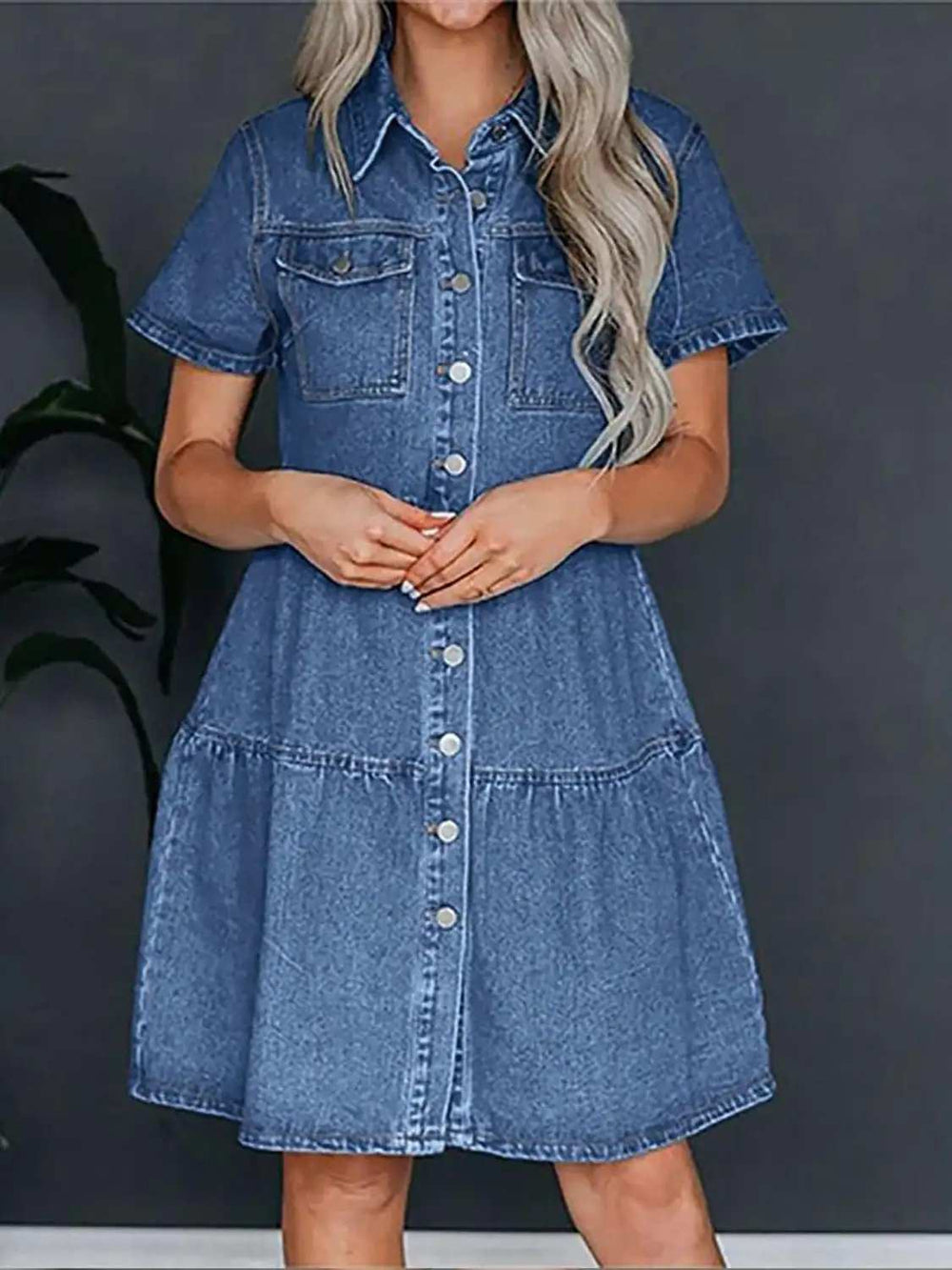 Pocketed Button Up Collared Neck Short Sleeve Denim Dress - Trendsi - Flyclothing LLC